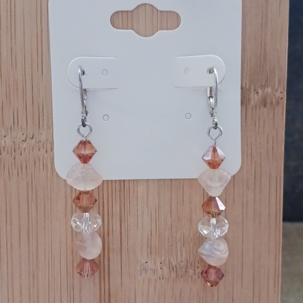 Silver Tone Leverback Pink Brown Glass Beaded Dangle Earrings